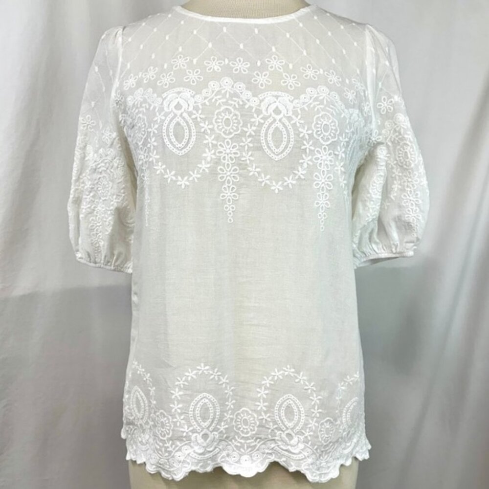 ANTHROPOLOGIE KINDRED White Embroidered Eyelet Lace Puff Sleeve Blouse Women's S